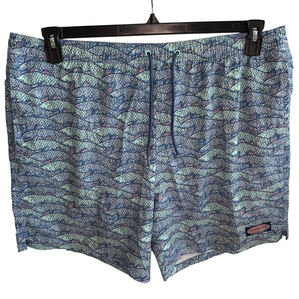 Vineyard Vines Men's XL Fish Scale Print Swim Trunks Blue Green Beach Vacation